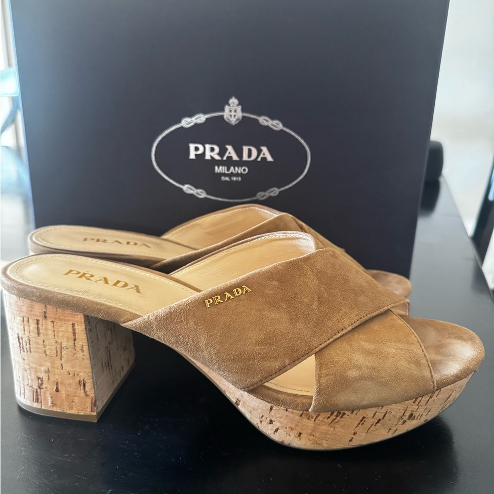 Prada Suede Platform Cork Heel Mules